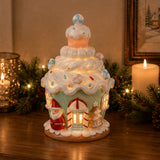 8IN Santa Cake House Figurine with Warm Yellow LED Lights Indoor Christmas Decor