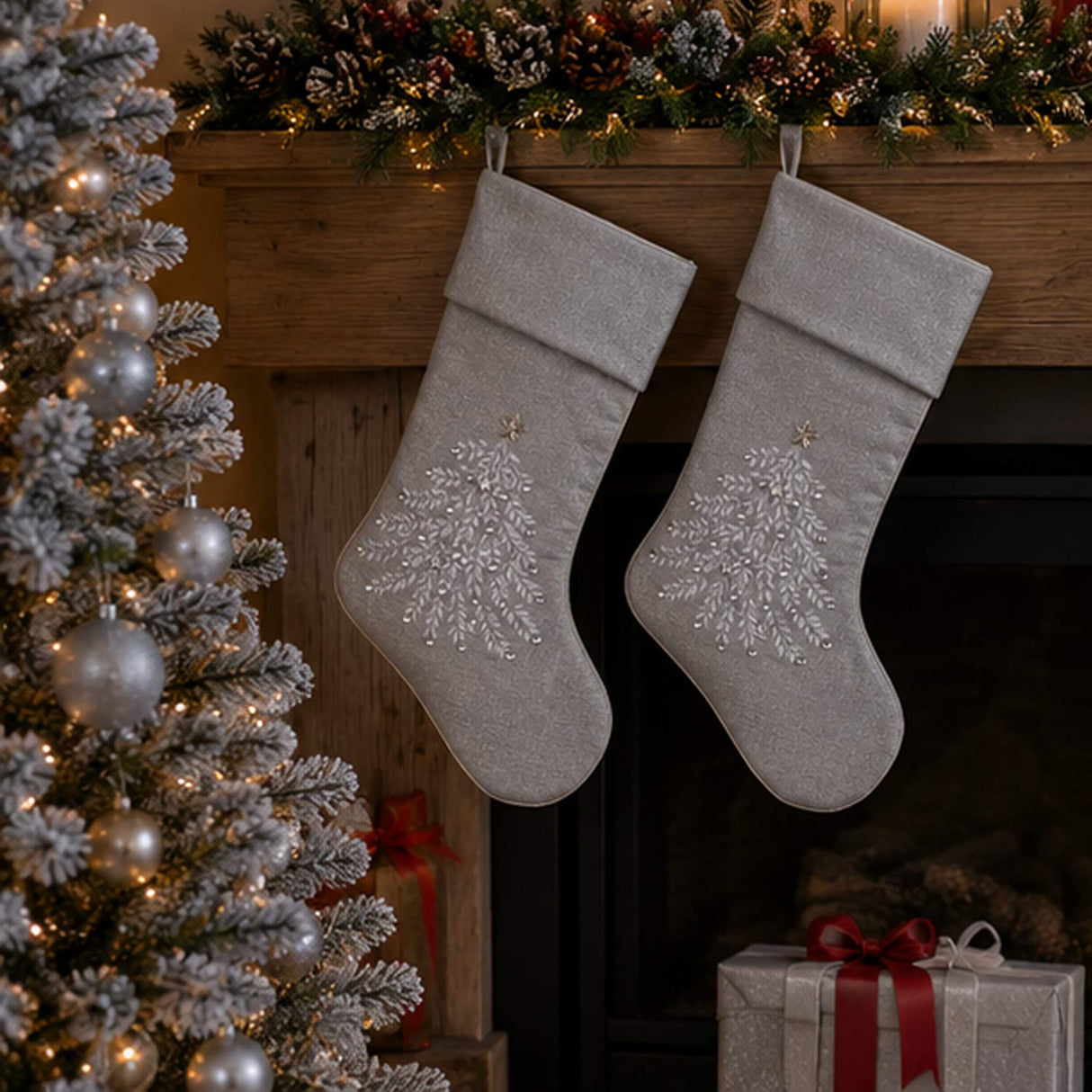 19IN Silver Christmas Stocking with Tree Embroidery Design
