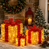 Pre-Lit Gold Gift Boxes Set of 3 with Red Bows 105 White Lights Christmas Decor Plug-In