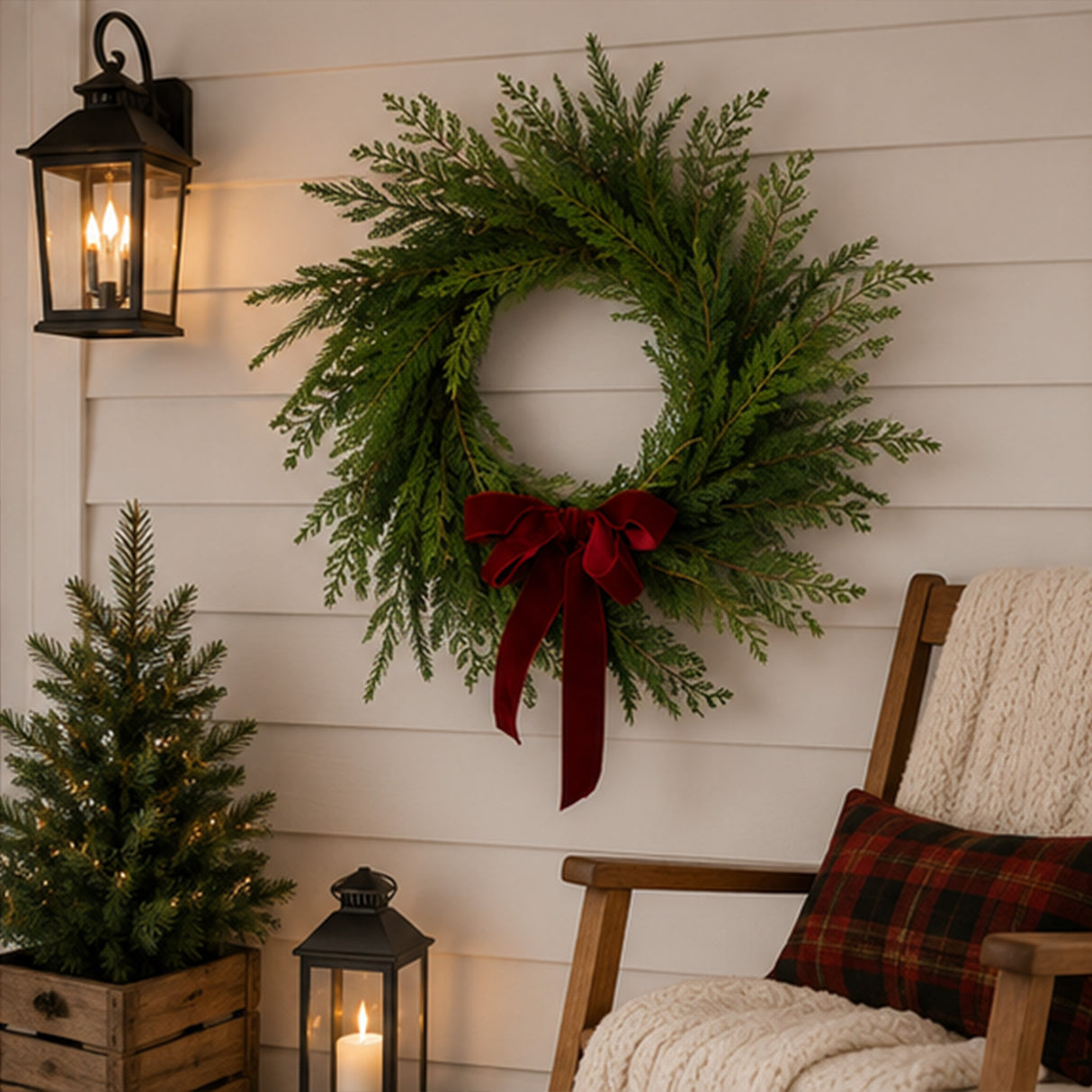 24IN Christmas Cottage Wreath with Dark Red Bow