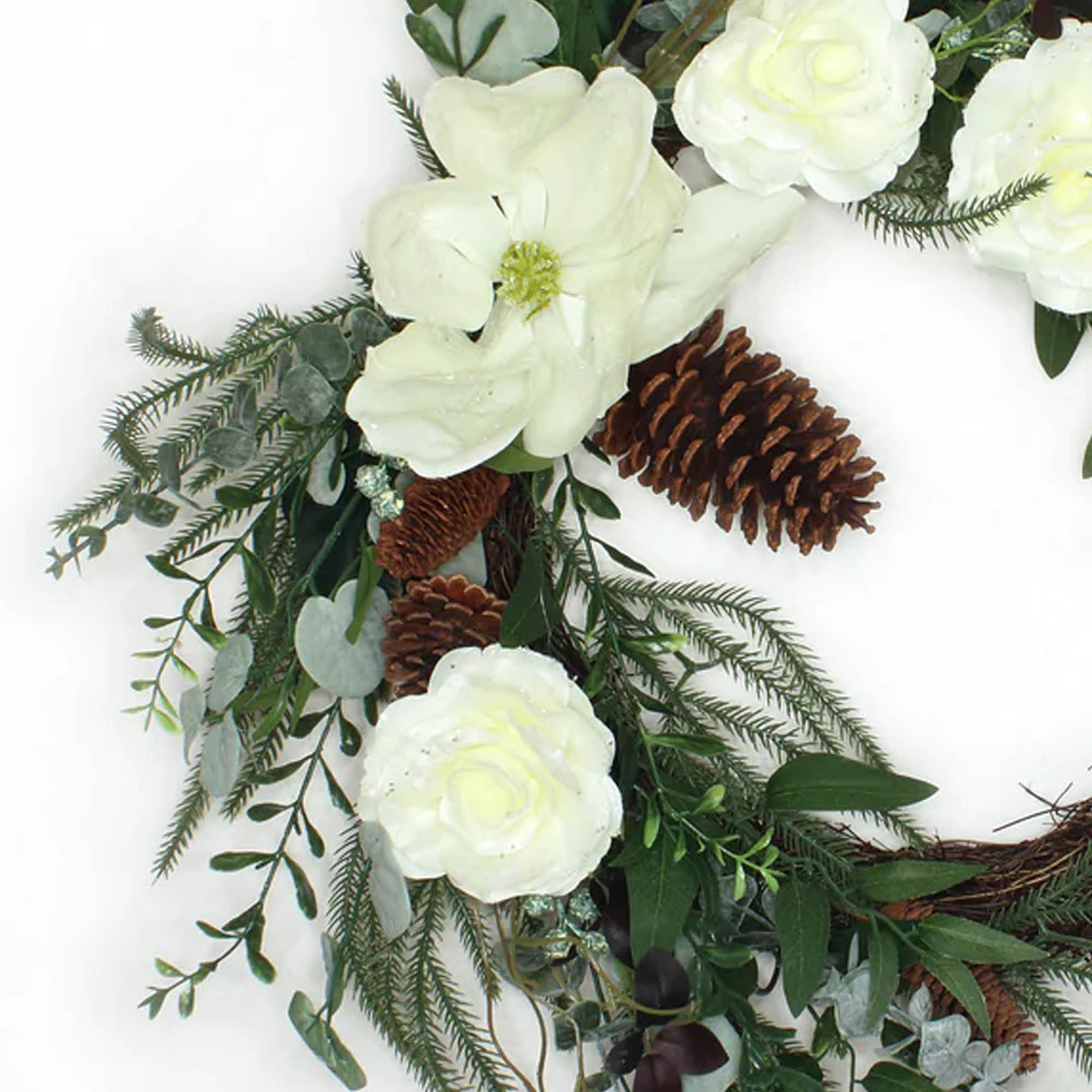 26IN Mixed Greens Wreath with White Flowers and Pinecones