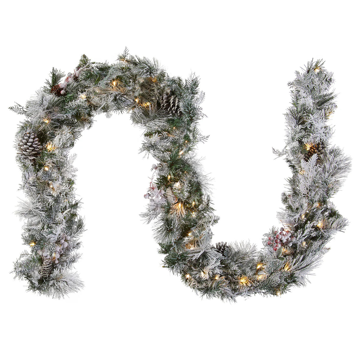Pre-Lit Snowy Bedford Pine Garland with Warm White LED Lights, 9 Foot