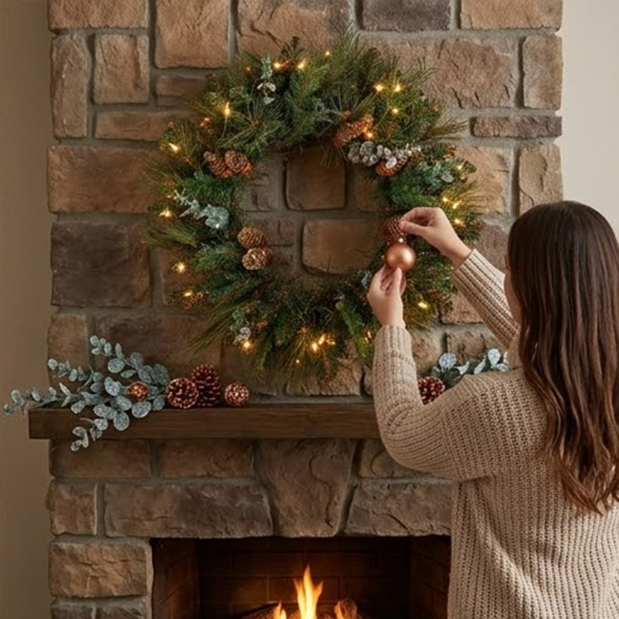 Pre-Lit North Conway Christmas Wreath with Warm White LED Lights, 30 Inch