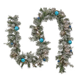 Pre-Lit Snowy Tinkham Pine Christmas Garland with Blue Ornaments & LED Lights, 9 Foot