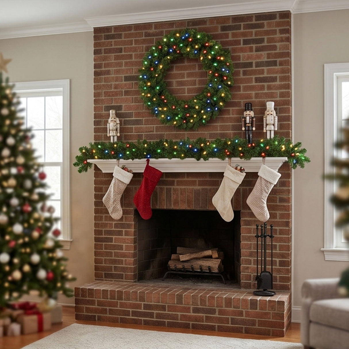 Pre-Lit Green Christmas Assortment Set – 2 Entrance Trees, Wreath & Garland with Multicolor LED Lights