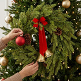 Christmas Bells Pine Wreath with Red Bow & Gold Bells, 28 Inch