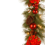 Pre-Lit Hydrangea Pine Christmas Garland with Warm White LED Lights, 9 Foot