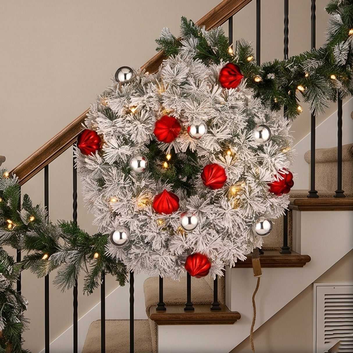 Pre-Lit Snowy Bristle Pine Wreath with Red & Silver Ornaments, 24 Inch