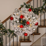 Pre-Lit Snowy Bristle Pine Wreath with Red & Silver Ornaments, 24 Inch