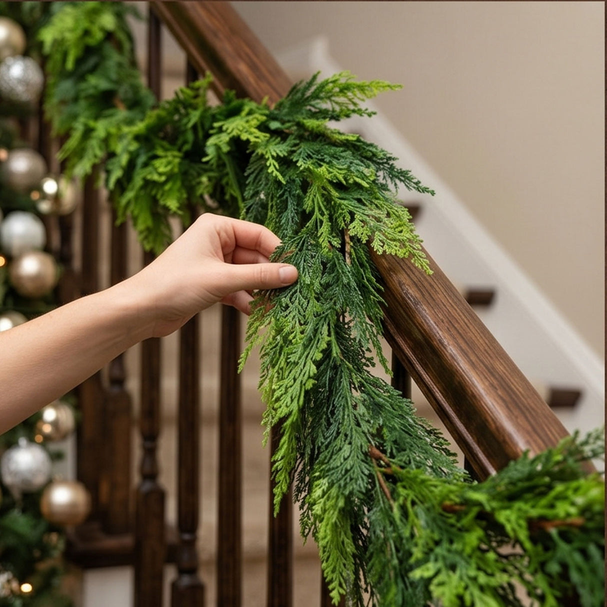Christmas Cottage Green Garland, 5 Foot Holiday Mantel & Entry Decor