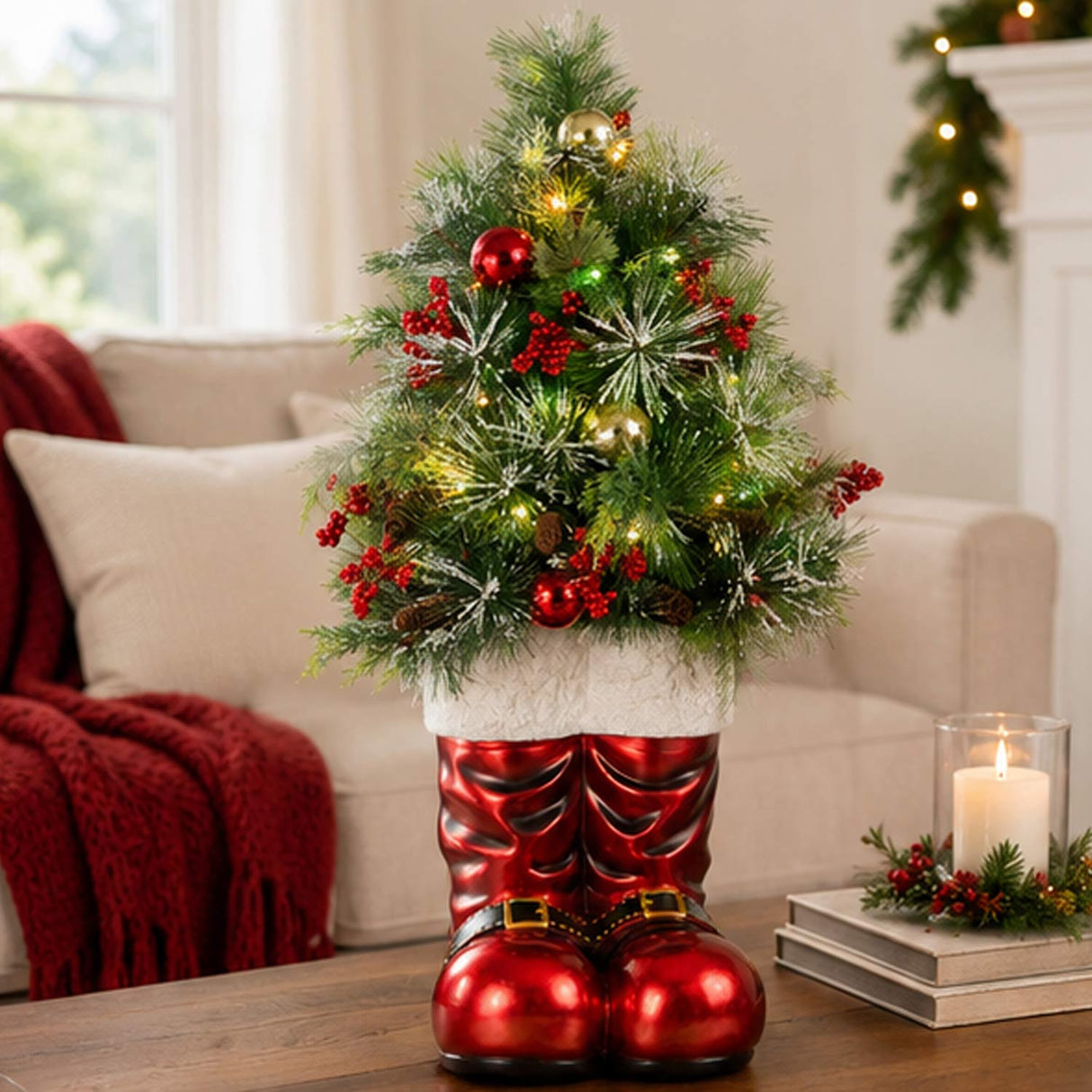 Santa Boots with Pre Decorated Christmas Greenery and Lights 40 Inch