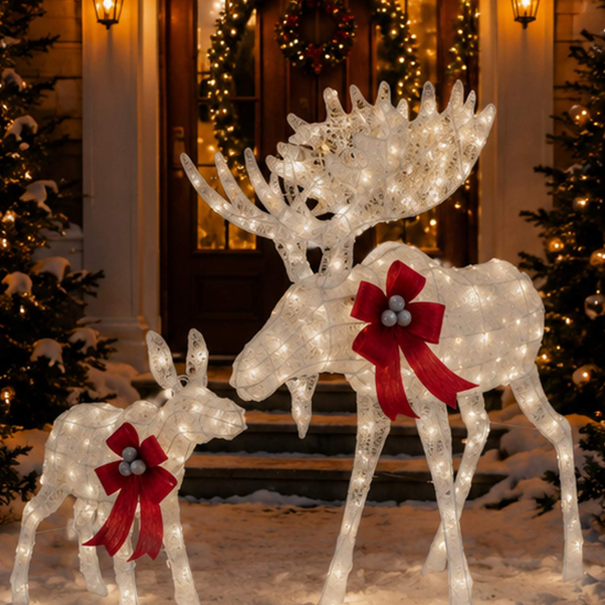 Lighted Moose Family Outdoor Christmas Decoration Set 2 Pc with LED Lights