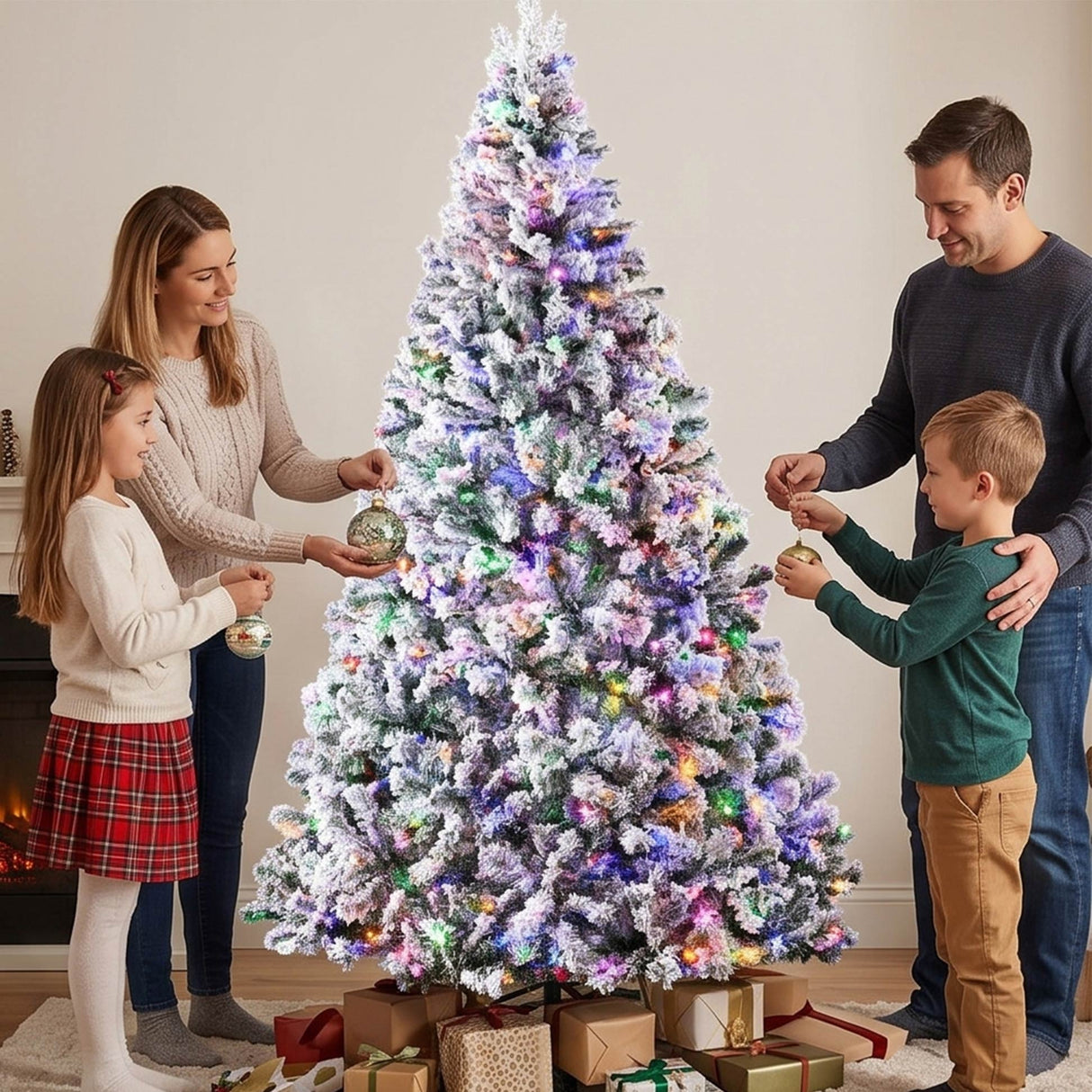 Pre Lit Snow Flocked Pine Christmas Tree with Multicolor LED Lights