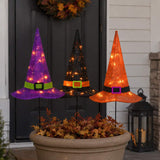 Halloween Orange, Black and Purple Witch's Hat Garden Stakes with LED Lights