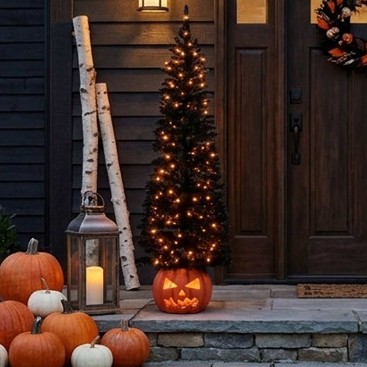 6 ft Halloween Pre-Lit Black Half Tree with LED Lights Pumpkin Base (Plug-In)