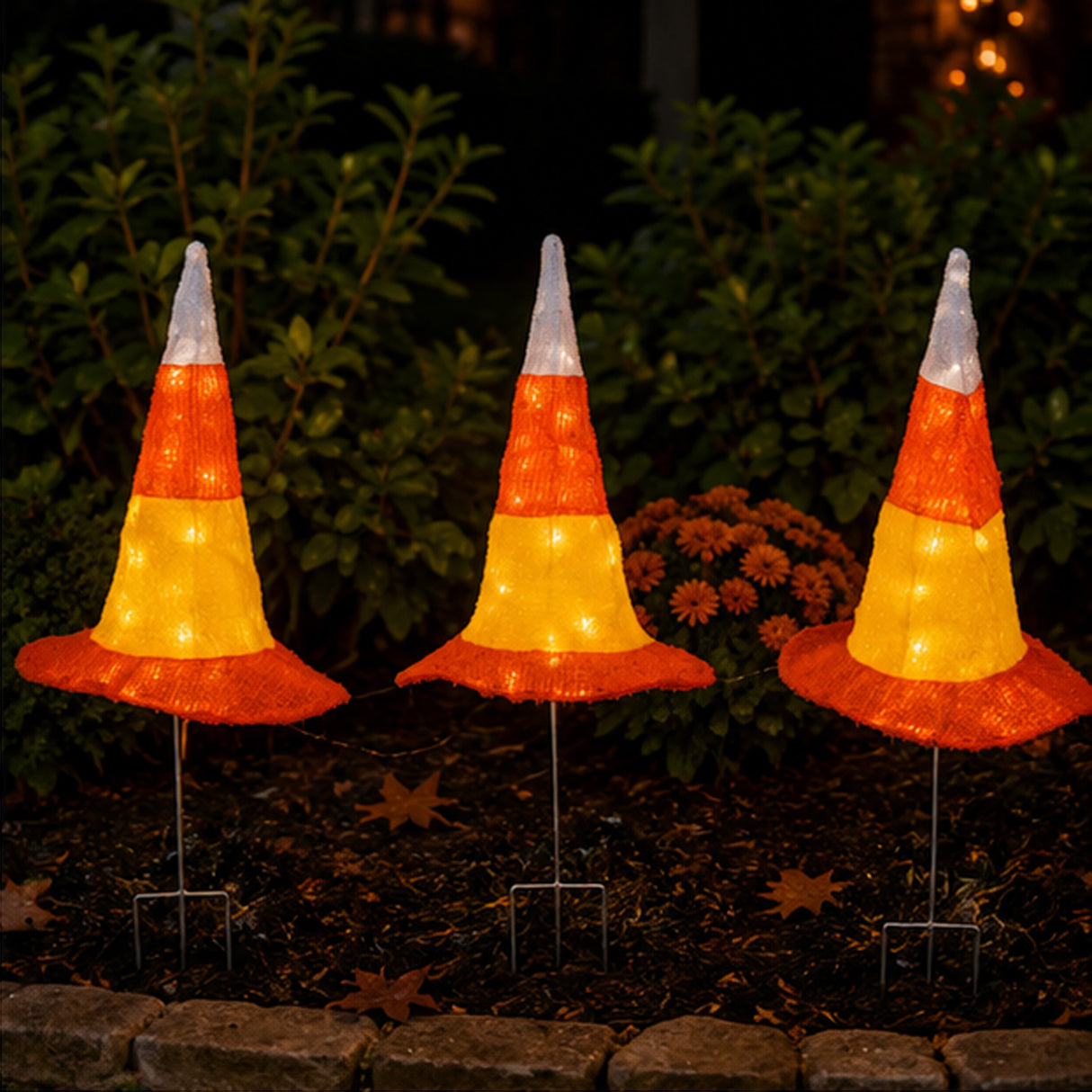 23 in Halloween Candy Corn Witch Hat LED Garden Stake Decor
