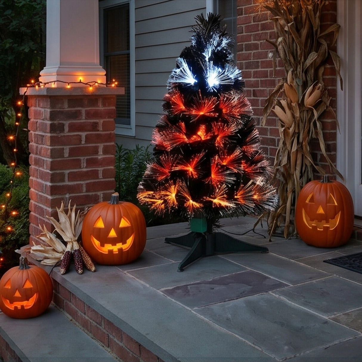 3 ft Black Fiber Optic Halloween Tree Candy Corn LED Plug In