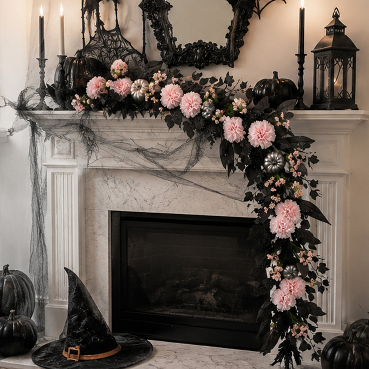 6FT Pink Carnation Halloween Garland with Silver Pumpkins