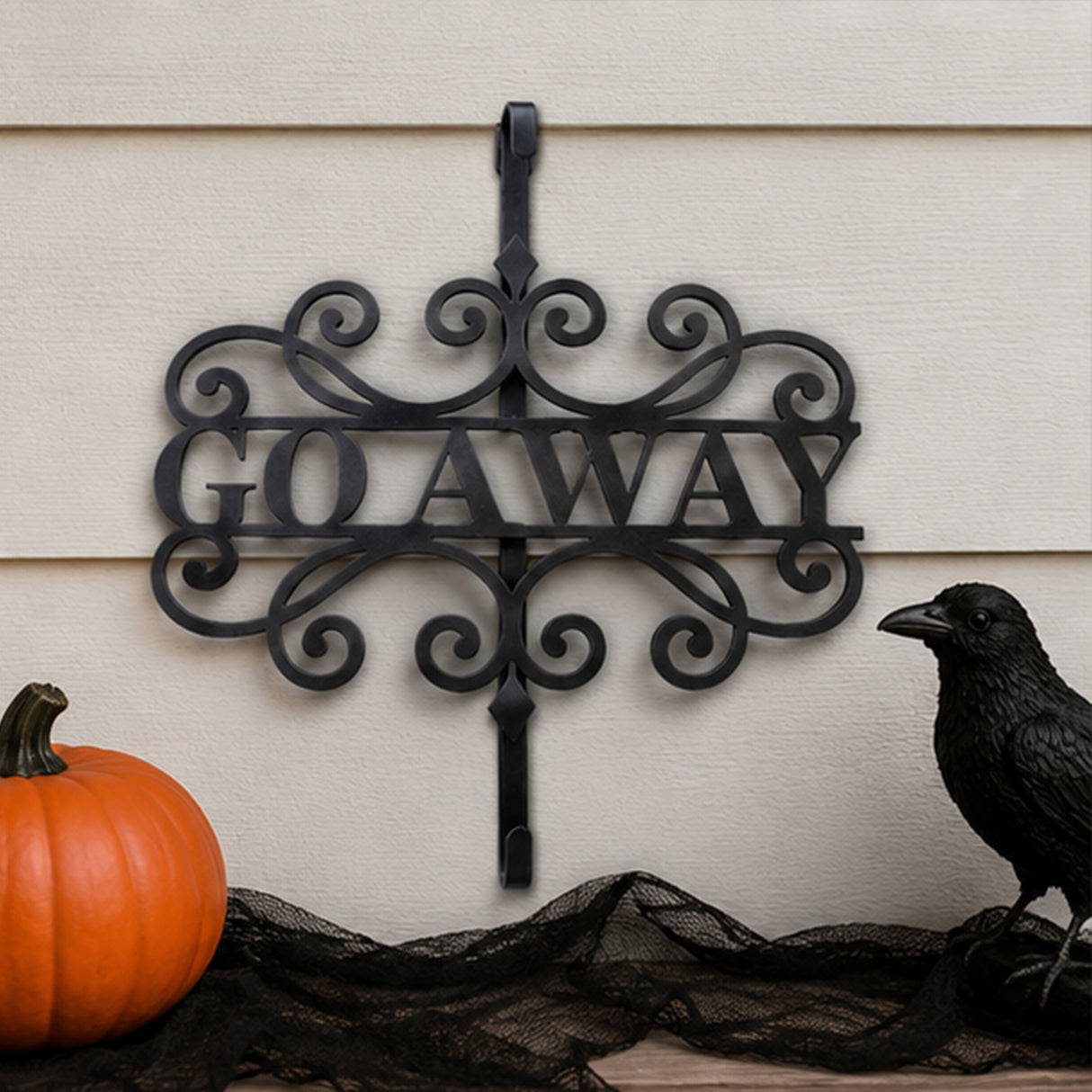 17 in Halloween Go Away Metal Wreath Hanger Black Door Decor