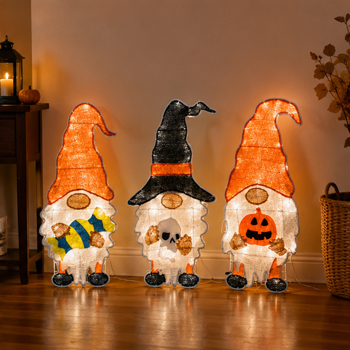 30IN Pre-Lit Halloween Gnome Trio Outdoor LED Lawn Decoration
