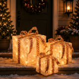 Pre-Lit White and Gold Christmas Gift Boxes Set of 3 with Clear Lights Plug-In