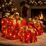 Pre-Lit Red Sparkle Christmas Gift Boxes Set of 3 with Gold Bows Plug-In Lights