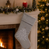 19IN Silver Christmas Stocking with Tree Embroidery Design