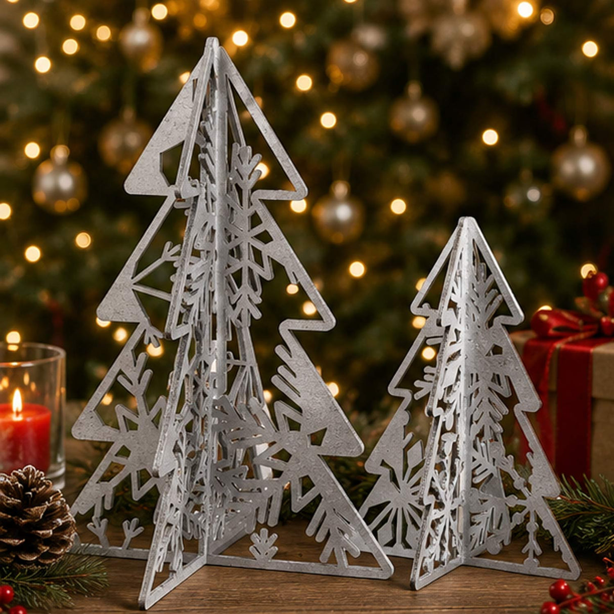 Set of 2 Silver Wooden Christmas Trees Table Decor 10IN & 7IN Modern Holiday Centerpiece