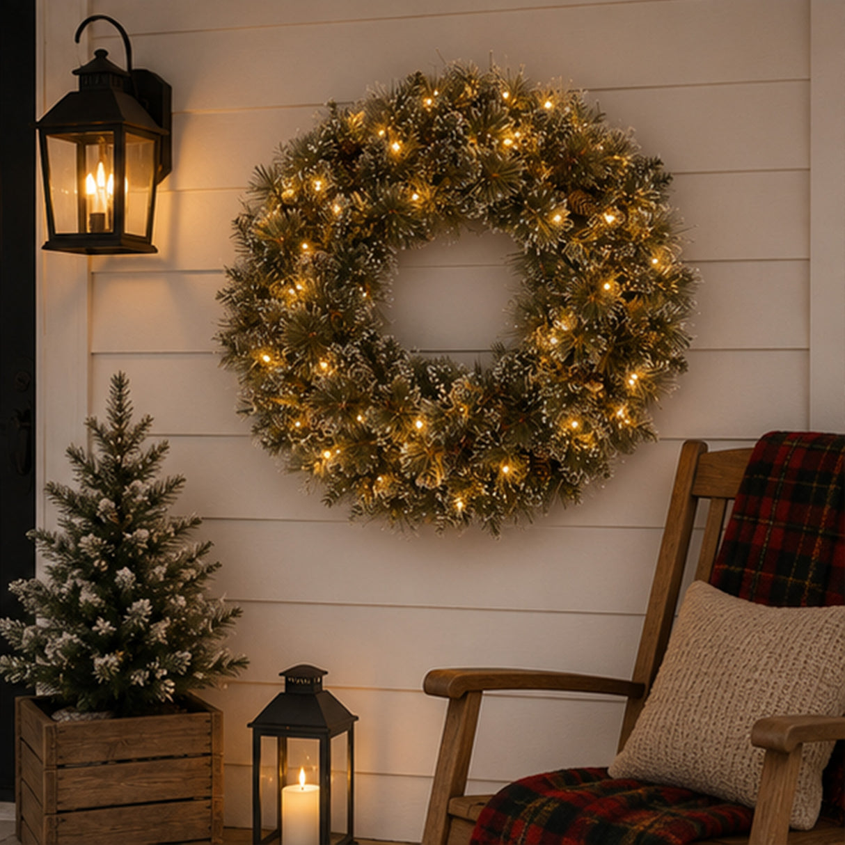 24IN Pre Lit Glittery Bristle Pine Wreath with Smart Twinkly LED Lights