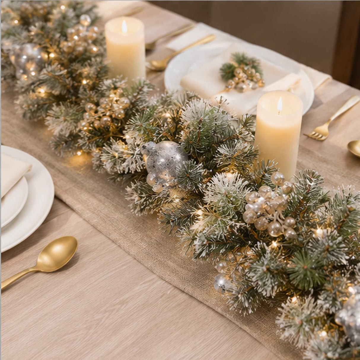 Pre-Lit Glittery Pine Pomegranate Garland with Clear Lights, 9 Foot (Plug-In)