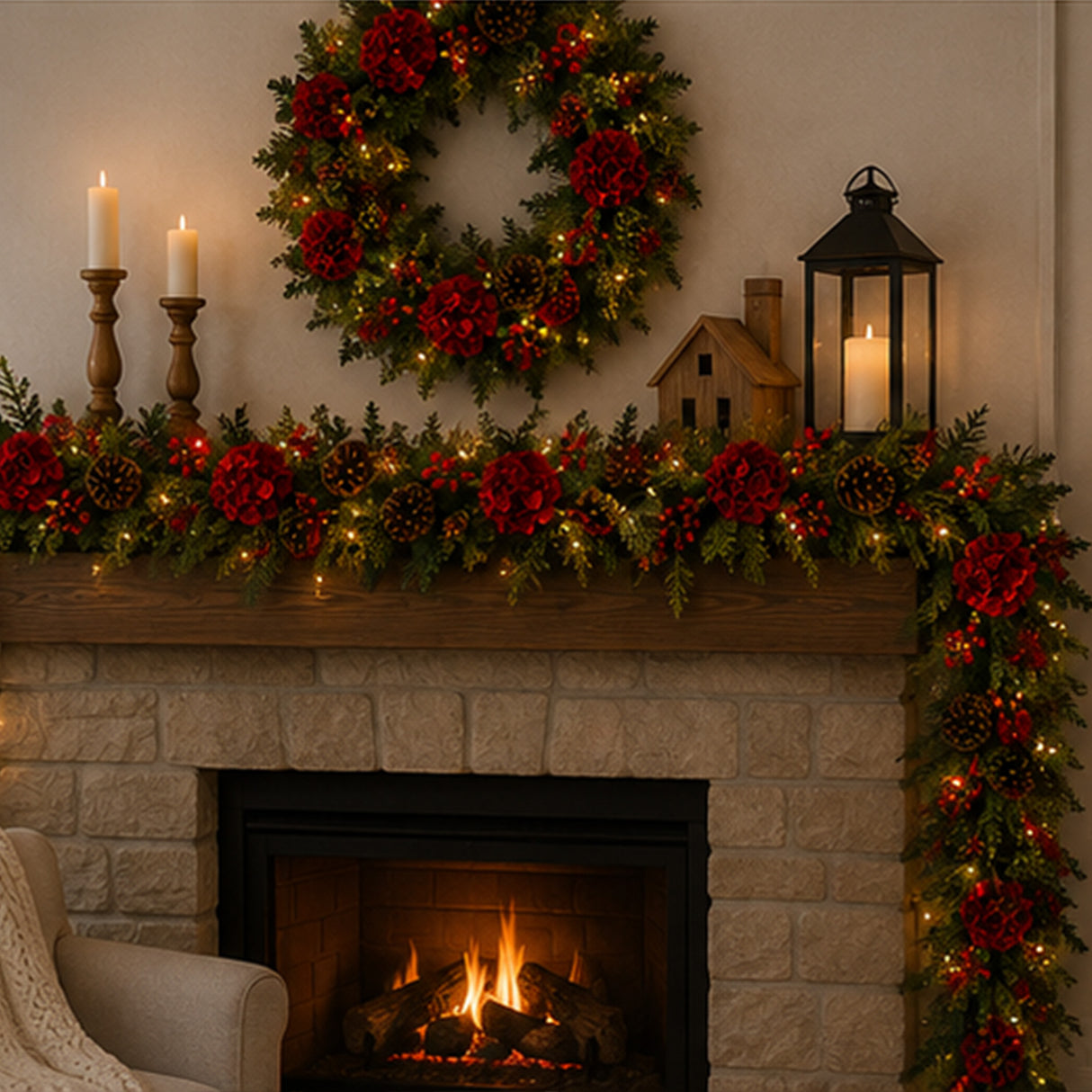 Pre-Lit Vienna Waltz Christmas Garland with LED Lights & Red Hydrangea, 9 Foot