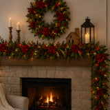 Pre-Lit Vienna Waltz Christmas Garland with LED Lights & Red Hydrangea, 9 Foot
