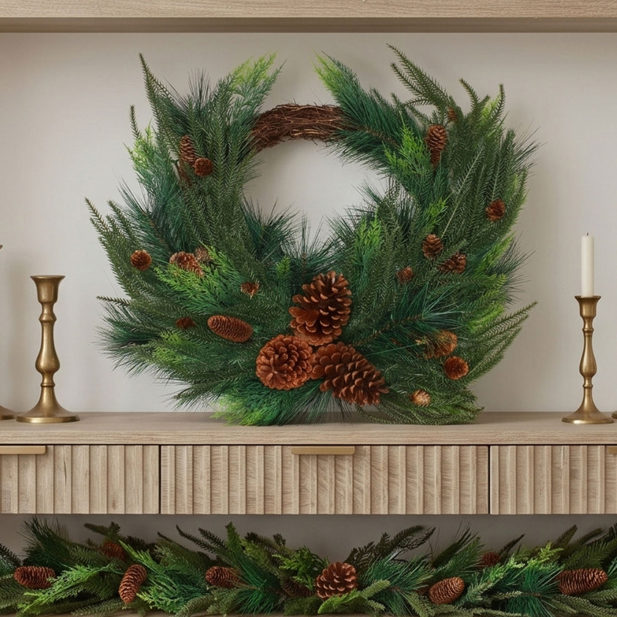 Mixed Bristle Pine Christmas Wreath with Pinecones, 26 Inch