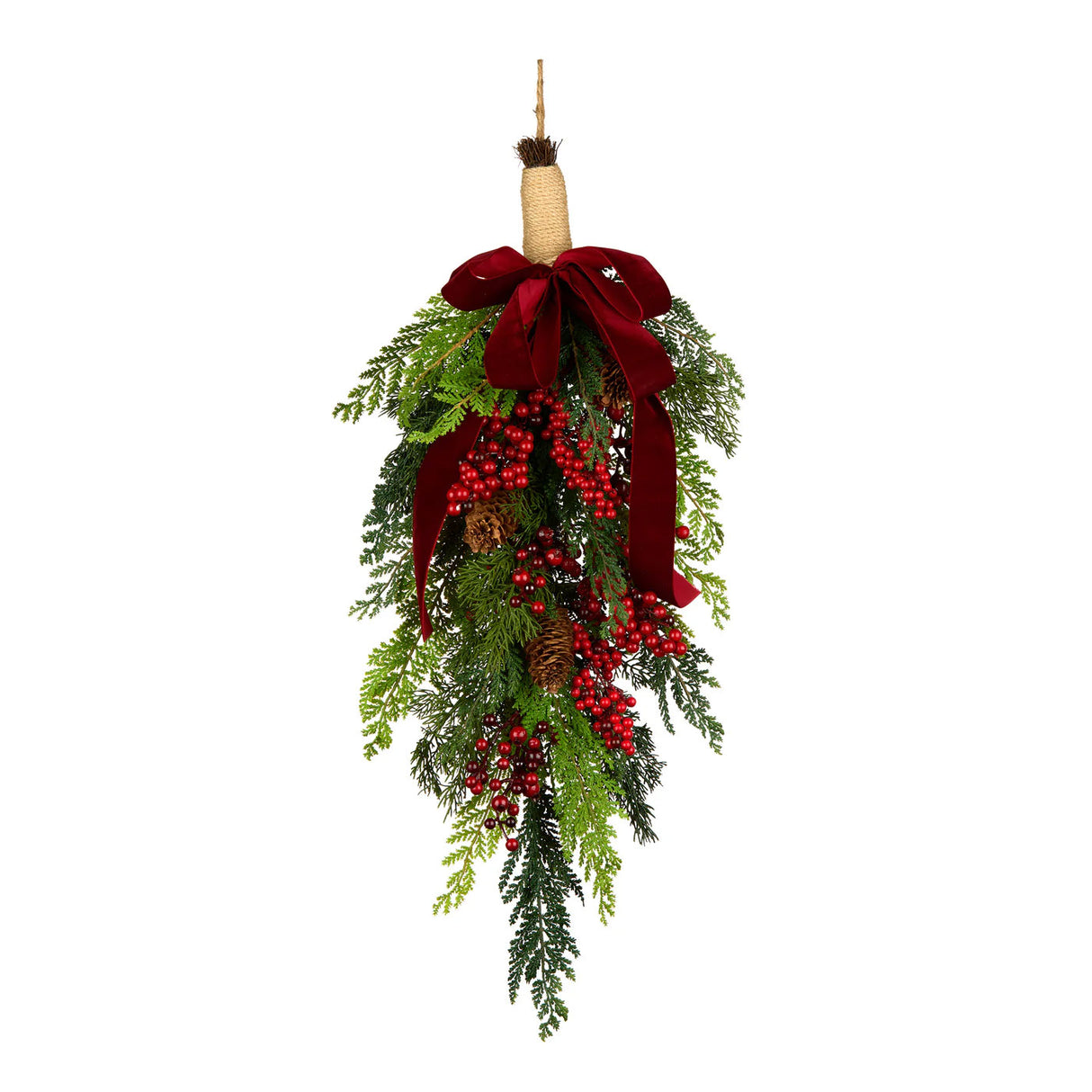 Christmas Joy Teardrop Swag with Red Berries & Bow, 28 Inch Door Decor