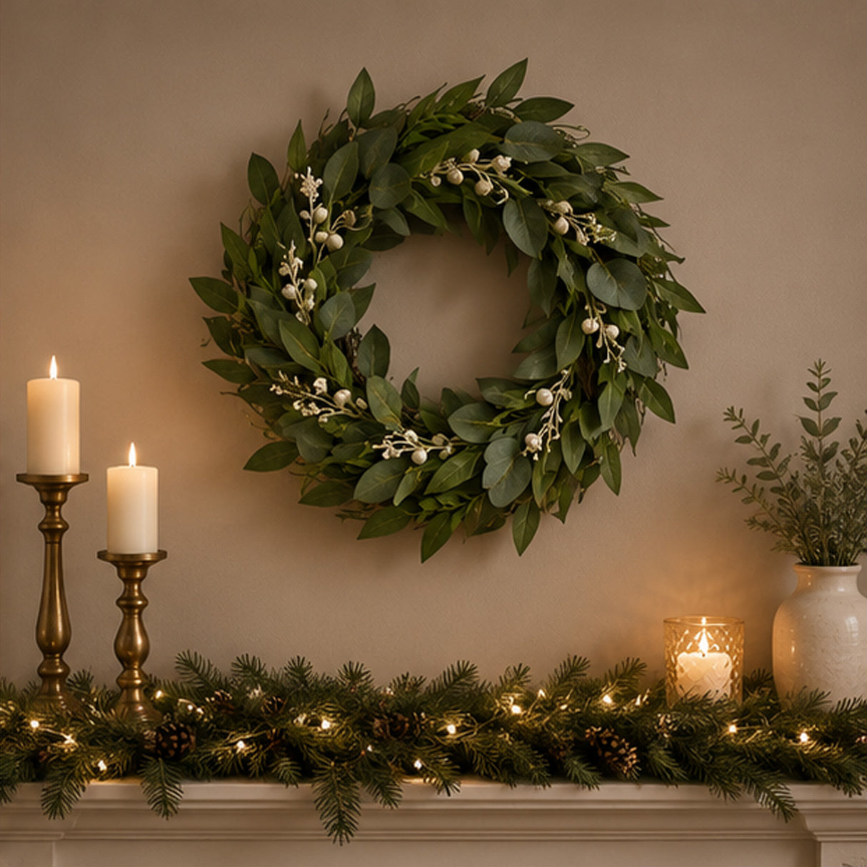 Mixed Leaves Wreath with Snow Glitter Berries, 24 Inch Holiday Decor