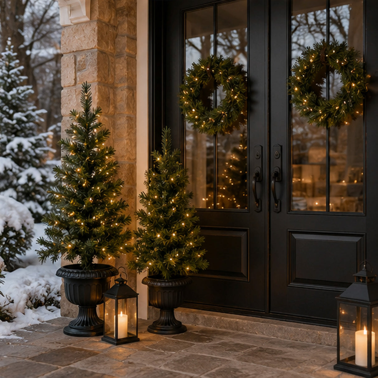 Pre-Lit Warm Welcome 3-Piece Christmas Entry Set with Trees & Wreath