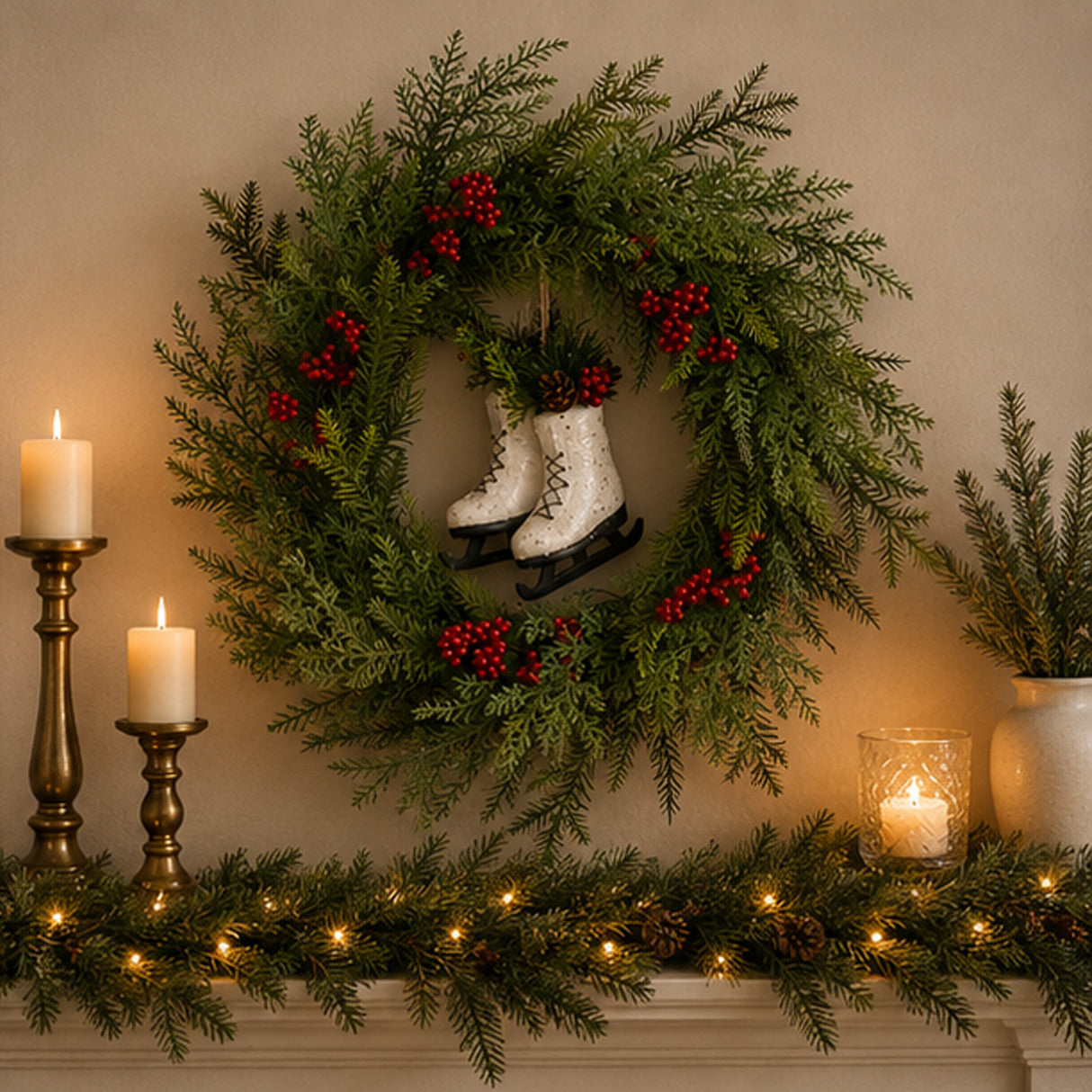 Winter Skates Wreath with Red Berries, 22 Inch Holiday Door Decor