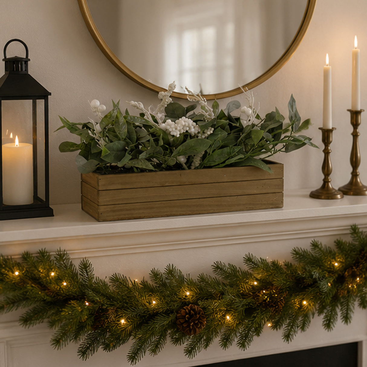 22in Christmas Greenery Planter Box with White Berry Centerpiece