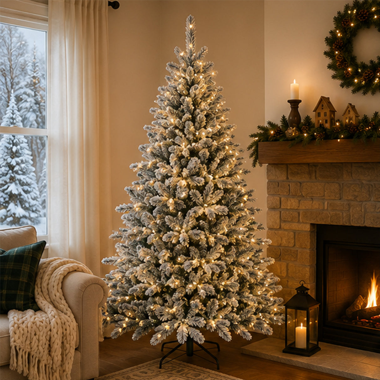 9 ft. Pre-Lit Snowy Harwich Hinged Tree with PowerConnect Warm White LED Lights, Plug-In