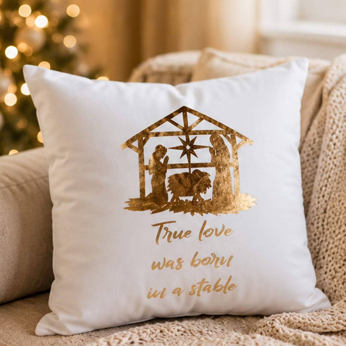 White with Gold Nativity Throw Pillow Set – 2 Pc Holiday Décor