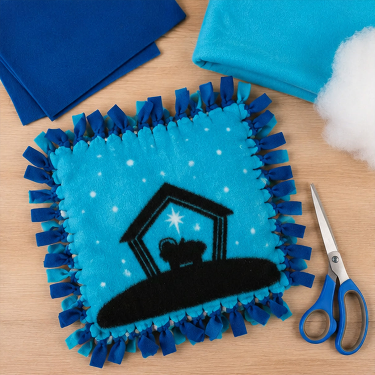 Nativity Silhouette Blue Fleece Tied Pillow Craft Kit 6 Pc DIY