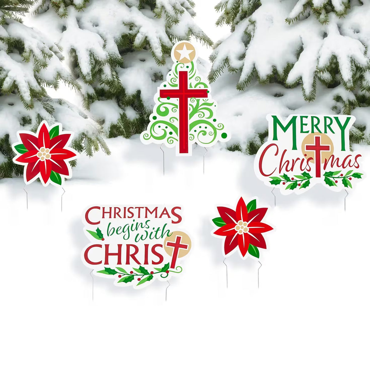Religious Christmas Yard Sign Set Cross & Poinsettia 5 Pc