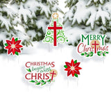 Religious Christmas Yard Sign Set Cross & Poinsettia 5 Pc