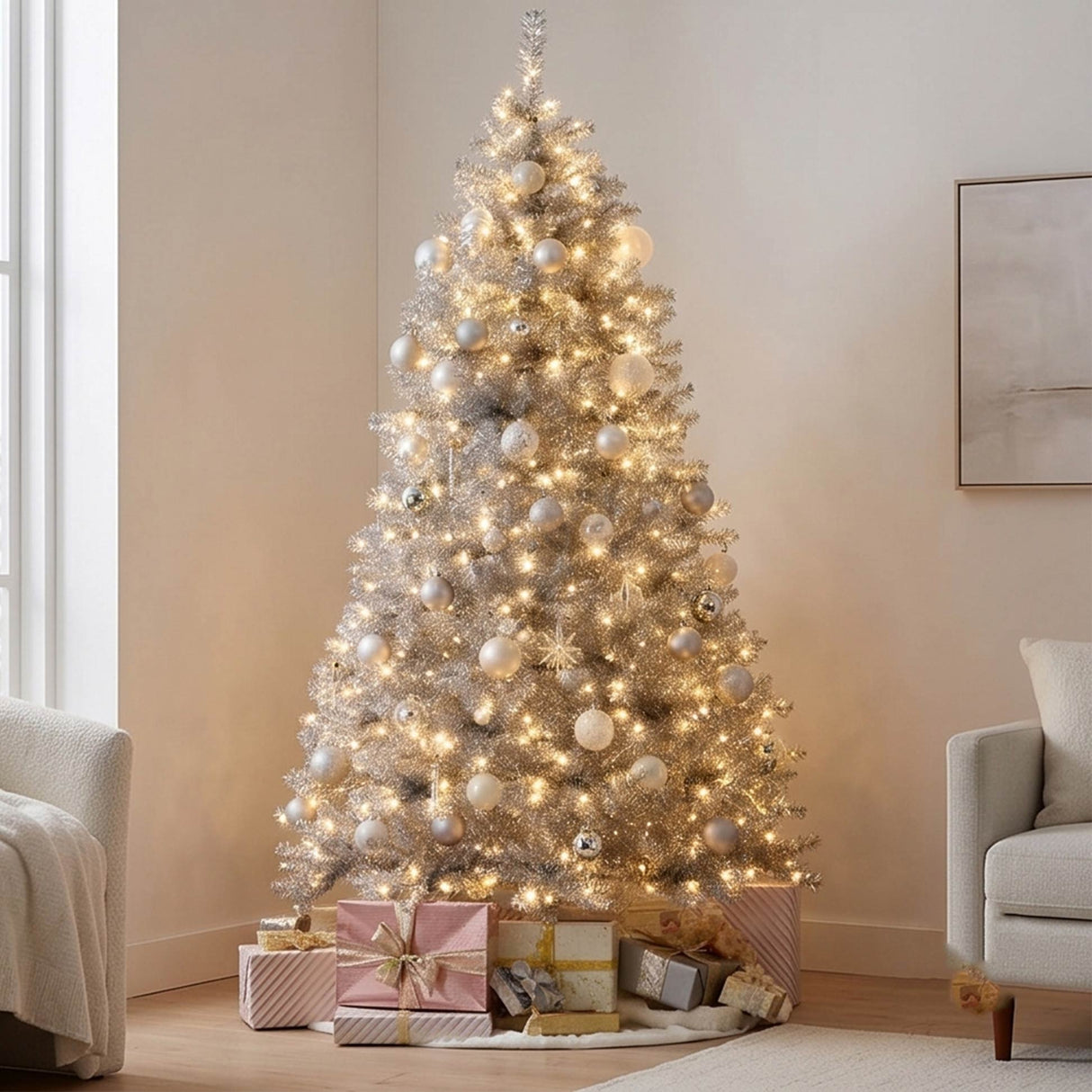 Prelit Silver Artificial Tinsel Christmas Tree with Foldable Stand