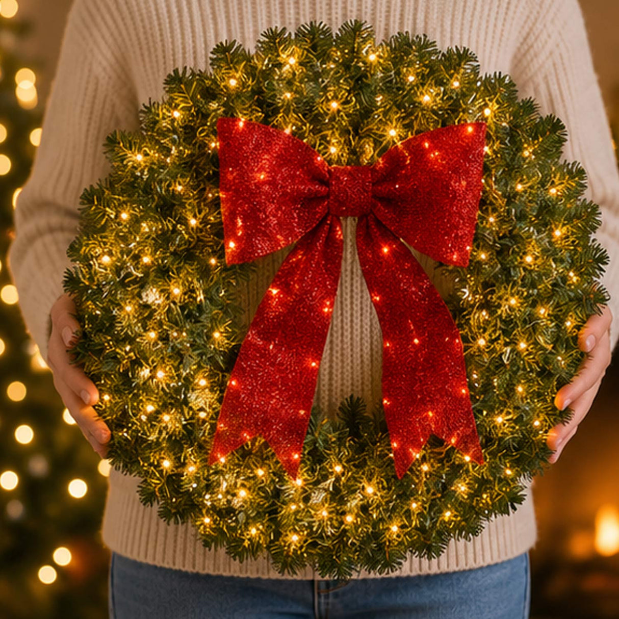 Pre Lit Artificial Fir Christmas Wreath with Red Bow LED Lights
