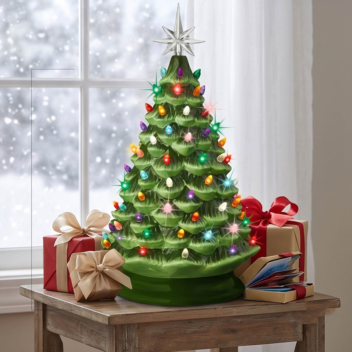 18 Inch Green Ceramic Pre Lit LED Christmas Tree with Multicolor Lights