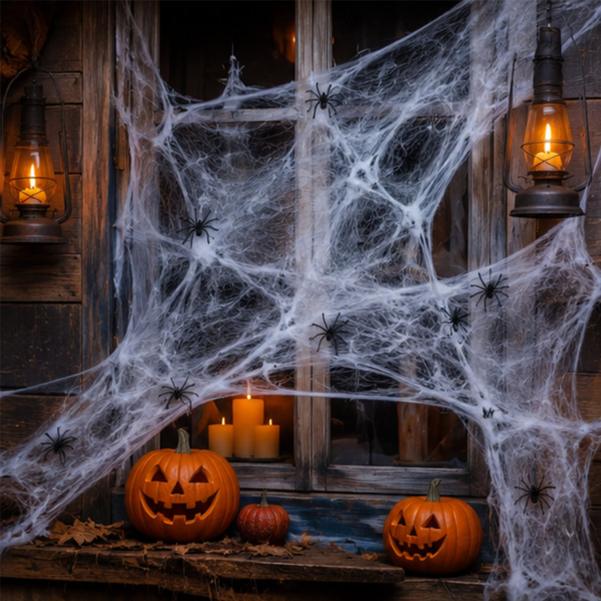 Stretchable Spider Web Halloween Decorations with Spiders – 12 Pc.