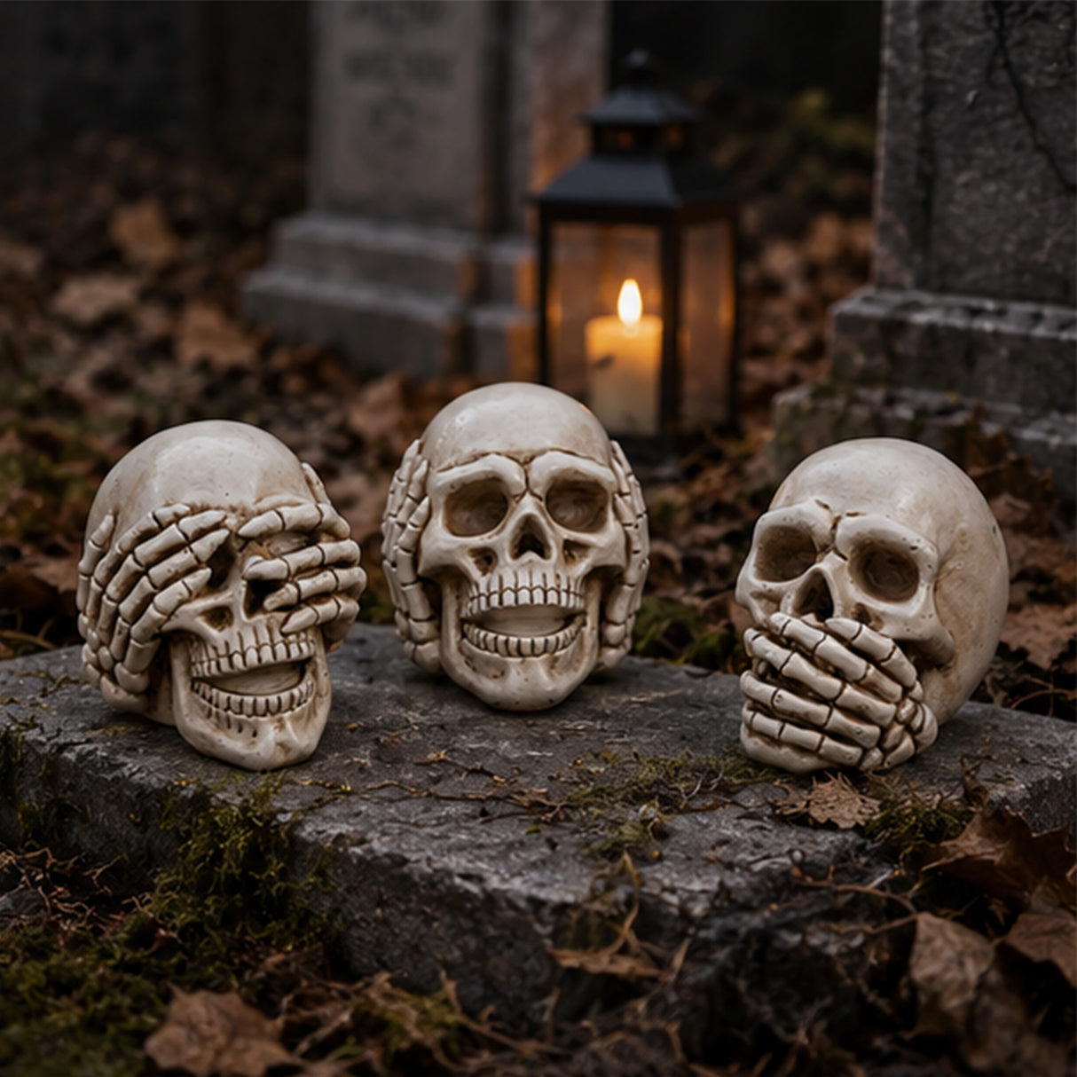 5" Hear No Evil, See No Evil, Speak No Evil Skulls Resin Halloween Decoration (3 Pc Set)