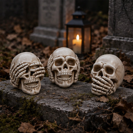 Hear No Evil, See No Evil, Speak No Evil Set Of 3 Resin Skulls Halloween Decoration