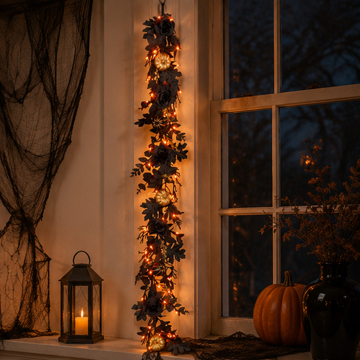 6FT Black & Gold Halloween Garland with 50 Orange LED Lights